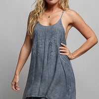 Embroidered mini dress with thin straps, dark blue-gray, layered high-low hem