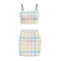 Pastel Multi Colour Gingham Co Ord Set - Women's Crop Tank Top & Mini Skirt Matching Set