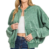 Dark green acid-washed fleece zip jacket with ribbed hem and cuffs