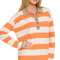 Orange and white striped long-sleeve polo top with contrast taupe collar and button placket