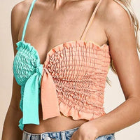 Smocked woven ribbon bra top, peach and turquoise color block with tie straps