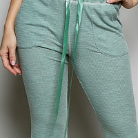Pale sage drawstring textured knit pants, elastic waist and side pockets