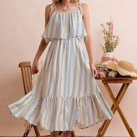 Blue and white striped midi dress with tiered hem and tie shoulder straps