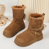 Camel round-toe platform boots with button detail, buckles, and fuzzy top