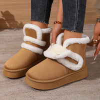 Camel round-toe platform boots with white faux-fur straps and cushioned sole