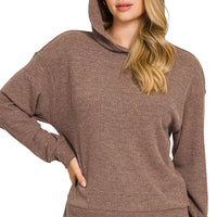 Brown ribbed long sleeve hoodie with hood and kangaroo pocket, ribbed cuffs