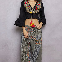 Black cropped blouse with floral embroidery V-neck and tassel cord