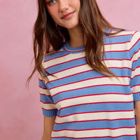 Striped knit crew neck short-sleeve sweater top in blue, red, and white with ribbed edging