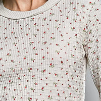 Ivory ribbed knit crew neck long sleeve top with tiny floral print detail