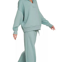 Blue grey collared pullover and wide-leg center-seam pants set, relaxed fit
