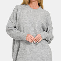 Grey high-low hem drop-shoulder sweater with long sleeves