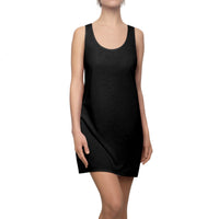 Black racerback sleeveless mini dress on model, scoop neckline and straight hem