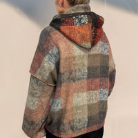 Plaid fleece half-zip hoodie with hood, back view, long sleeves
