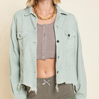 Sage corduroy button-front trucker jacket with chest flap pockets, snap buttons, frayed edges