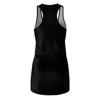 Black racerback sleeveless mini dress, fitted silhouette, scoop back opening