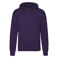 Purple pullover hoodie with hood and drawstring, front pouch pocket