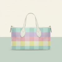 Checkered Tote Bag | Small Pastel Rainbow Gingham Leather Handheld Bag
