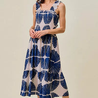 Navy abstract print tiered midi dress with smocked bodice and ruffled straps
