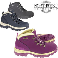Waterproof walking boots in gray, navy, and purple with contrast midsoles
