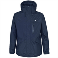 Navy men's waterproof jacket with an adjustable hood, chest zip pocket and two lower pockets.