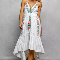 Ivory cami midi dress with V-neck, embroidered trim, smocked waist, tiered skirt