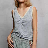 Powder blue ruched floral V-neck tank with scalloped lace neckline trim