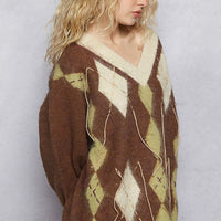 Women's mohair V-neck argyle sweater, brown with green and cream diamond pattern, contrast stitching