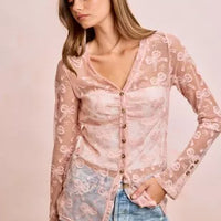 Dusty rose sheer mesh V-neck cardigan with button front and allover bow-pattern, long sleeves