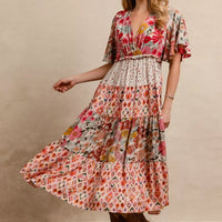 Floral print tiered midi dress with V-neck and tiered skirt tiers, rose mix
