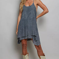 Embroidered mini dress, dark blue-gray, sleeveless spaghetti straps, high-low hem