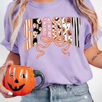 Lavender purple crew-neck T-shirt with Halloween letter graphic