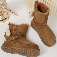 Camel round-toe platform boots with chunky tread sole and double buckle straps