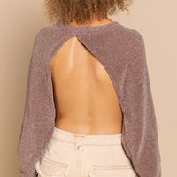 Chocolate brown backless sweater with open back and ribbed hem