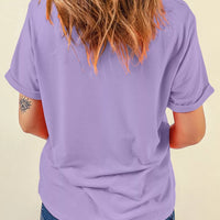 Lavender cotton-blend T-shirt, plain back with short sleeves and crew neckline