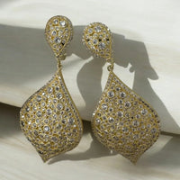 Gold teardrop dangle earrings with pavé clear stones