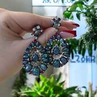 Oxidized silver drop earrings with blue opal teardrops and pink-purple stone accents