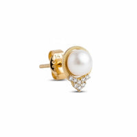 14k gold pearl and diamond earrings, round pearl with halo and small teardrop cluster