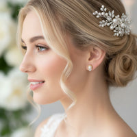14k gold pearl and diamond earrings on model, round pearl halo with teardrop cluster