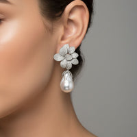 Amaryllis baroque pearl drop earrings with pavΓ© floral stud in silver and white