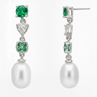 Silver drop earrings with green stones, white pearl drops and stud backs