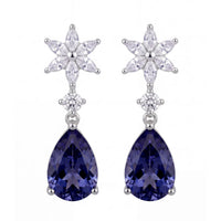 Silver drop earrings with crystal starburst tops and deep blue teardrop stones