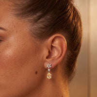 Silver drop earrings with crystal flower tops and yellow teardrop dangle gemstones