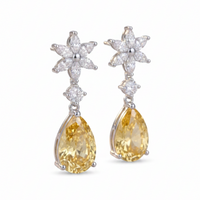 Silver teardrop drop earrings with yellow pear gemstones and crystal flower clusters