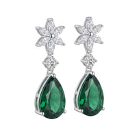 Crystal floral silver drop earrings with emerald-green pear-shaped stones