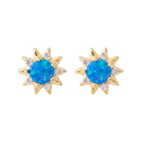 Gold sunflower stud earrings with blue opal center and crystal starburst rays