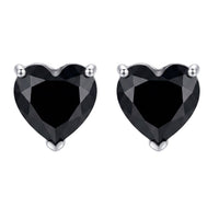Heart stud earrings with faceted black gemstone and silver-tone prongs