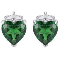 Silver heart stud earrings with emerald-green faceted gemstone centers