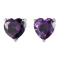 Silver heart-shaped amethyst stud earrings with faceted purple stones