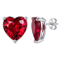 Red heart stud earrings with garnet-like gem, silver hinged clasp