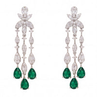 Silver drop earrings with cubic zirconia clusters and green teardrop emerald drops